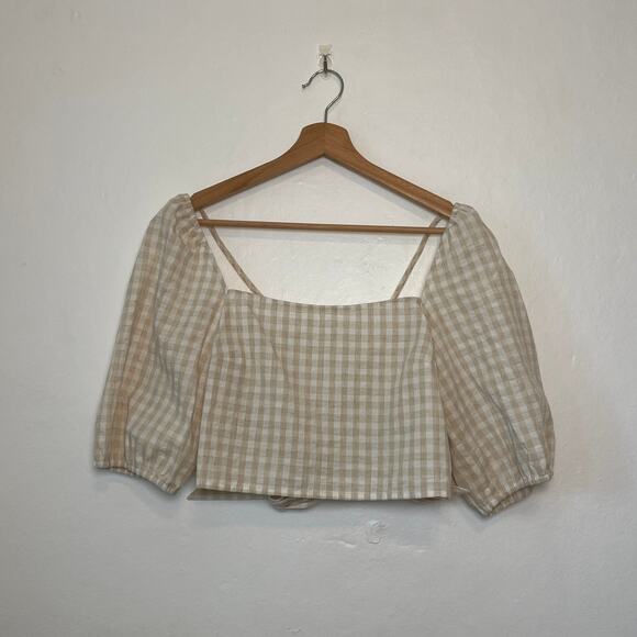 H&M – Gingham Check Linen Cotton Blend Puff Sleeve Open Back Blouse - Picture 1 of 9